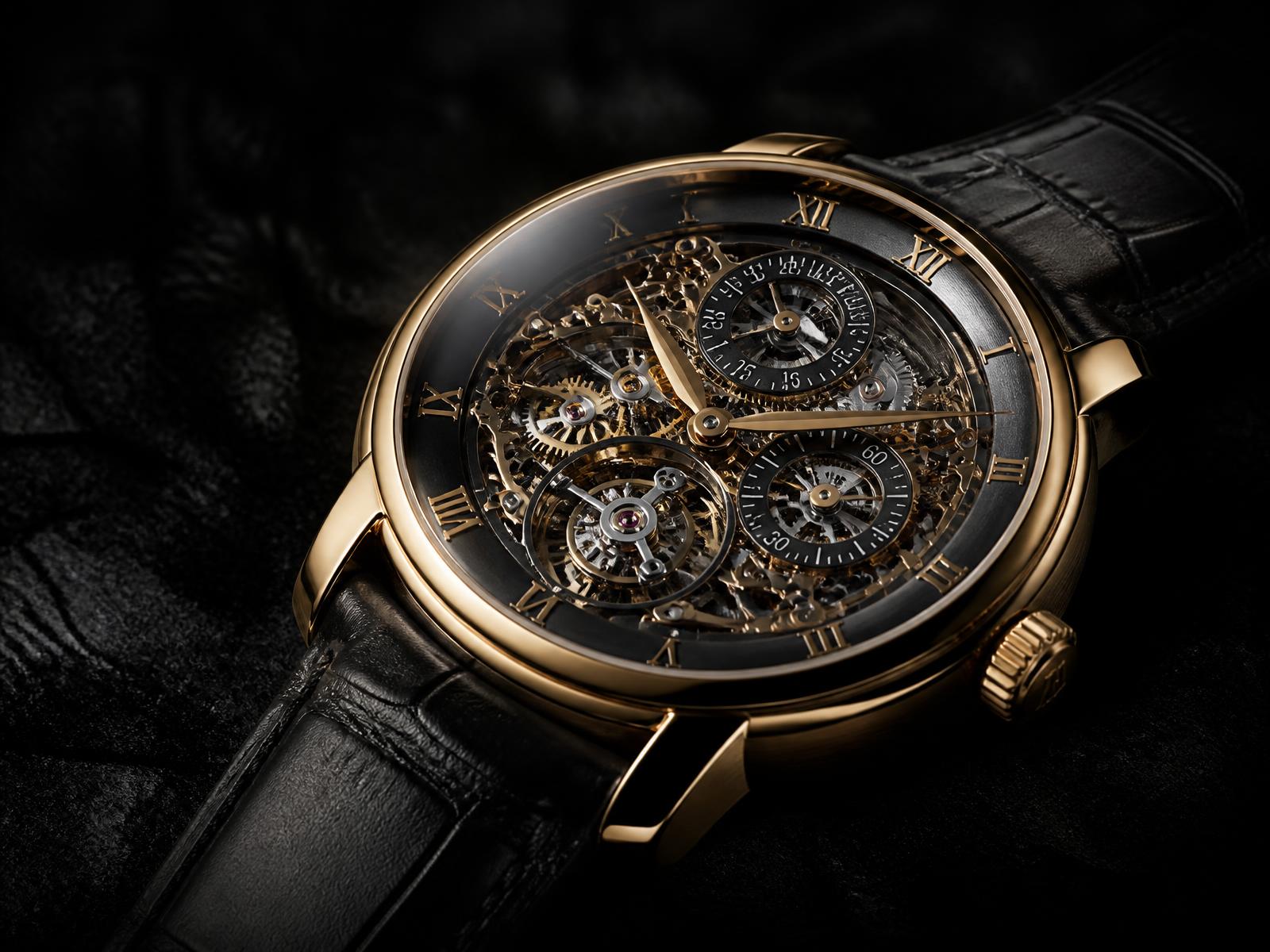 Rose gold skeleton chronograph wristwatch on black leather