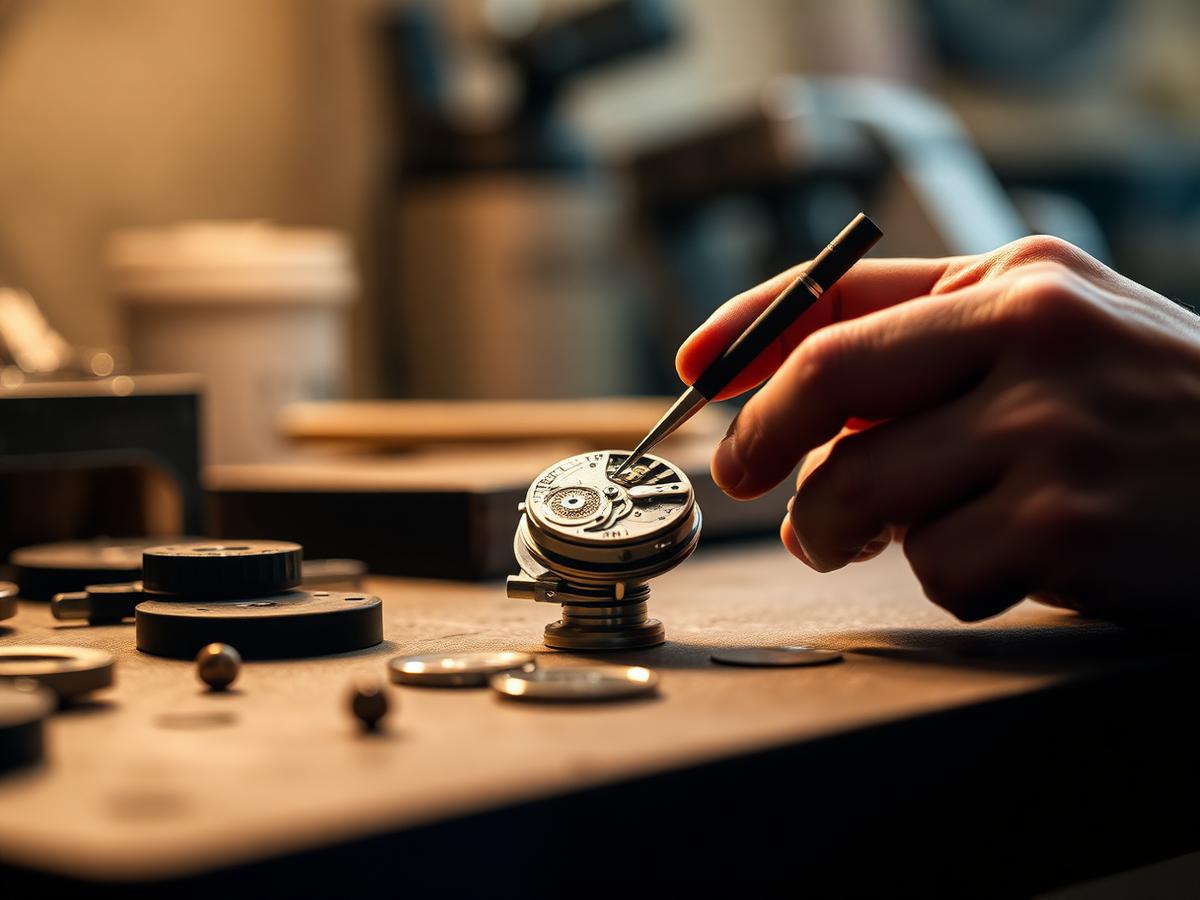 Watchmaker assembling a mechanical movement at a workshop bench